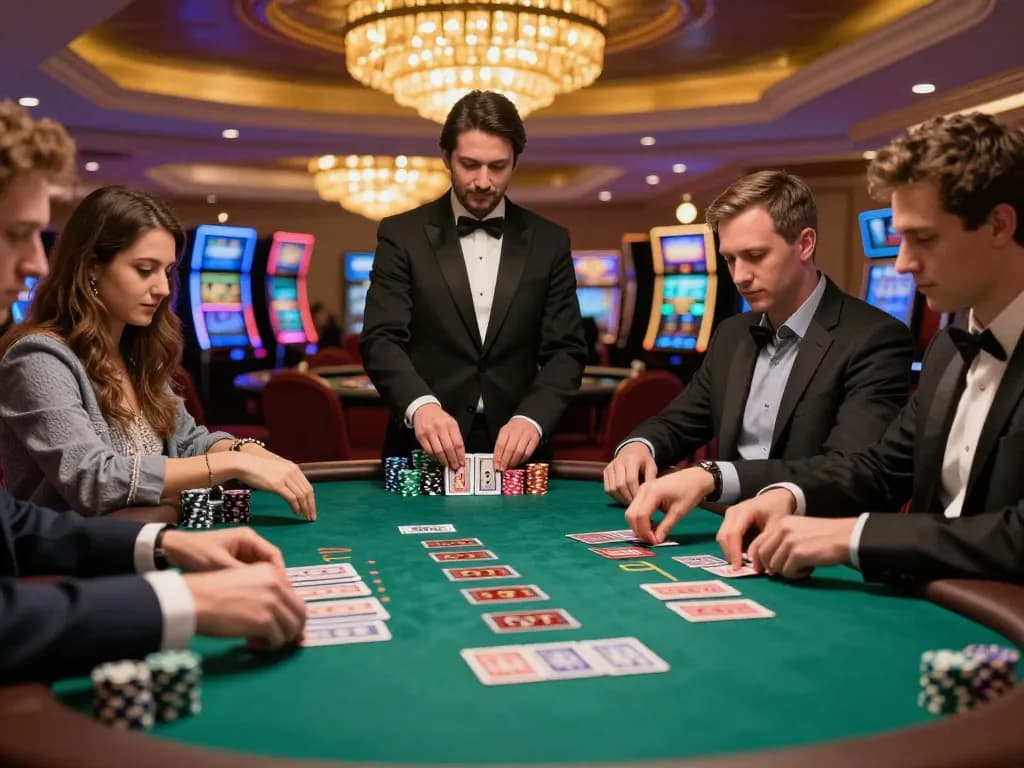 Engaged players at SC88 blackjack table showcase strategic gameplay in upscale casino.