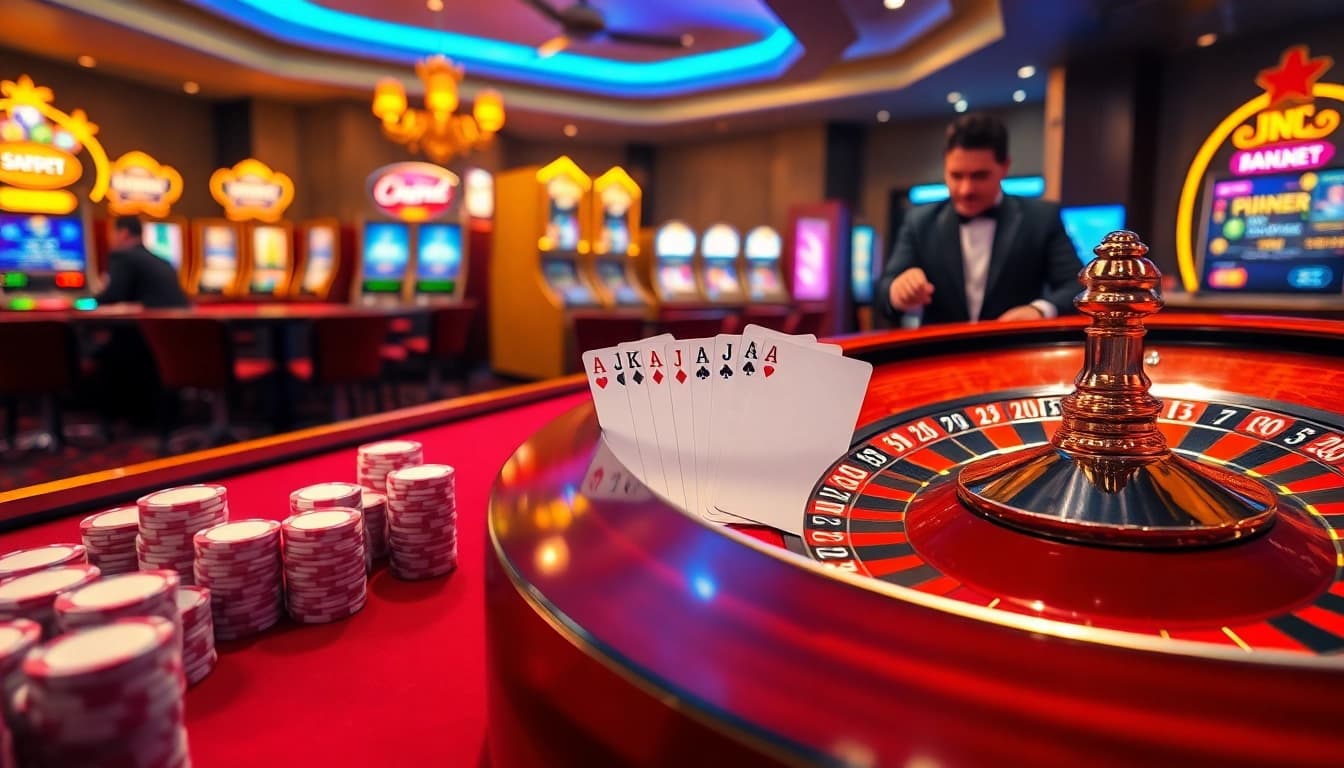 Experience the thrill of i9bet with vibrant casino visuals showcasing poker, roulette, and slot machines.