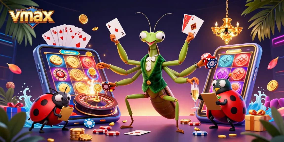 Experience vmax gaming with a vibrant casino illustration featuring a mantis card sharp and ladybug pit boss.