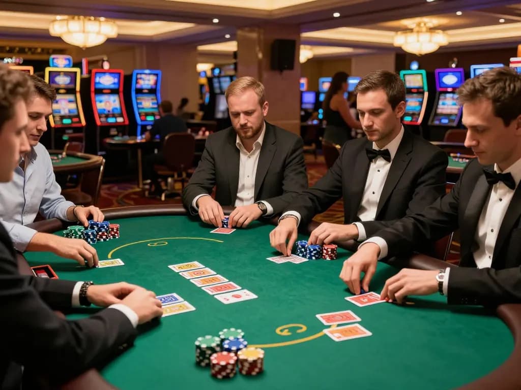 Hitclub players strategizing in a lively poker game at a luxurious casino table