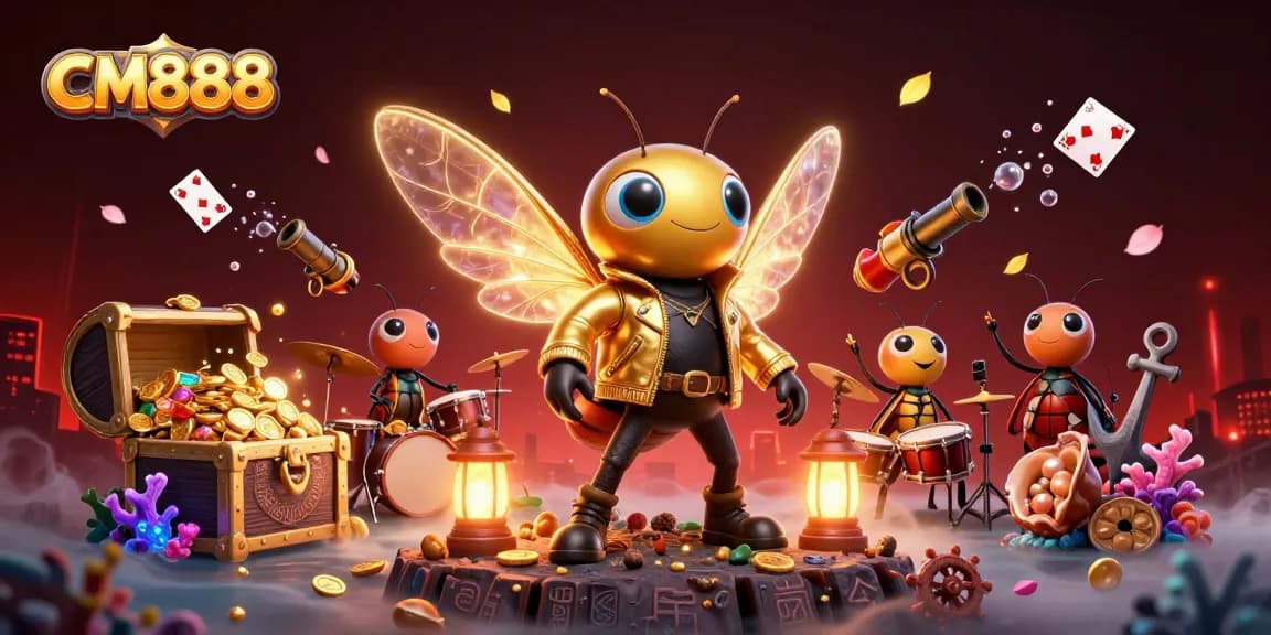 CM888 casino extravaganza features a vibrant 3D scene with cartoon characters amidst an explosion of treasures.