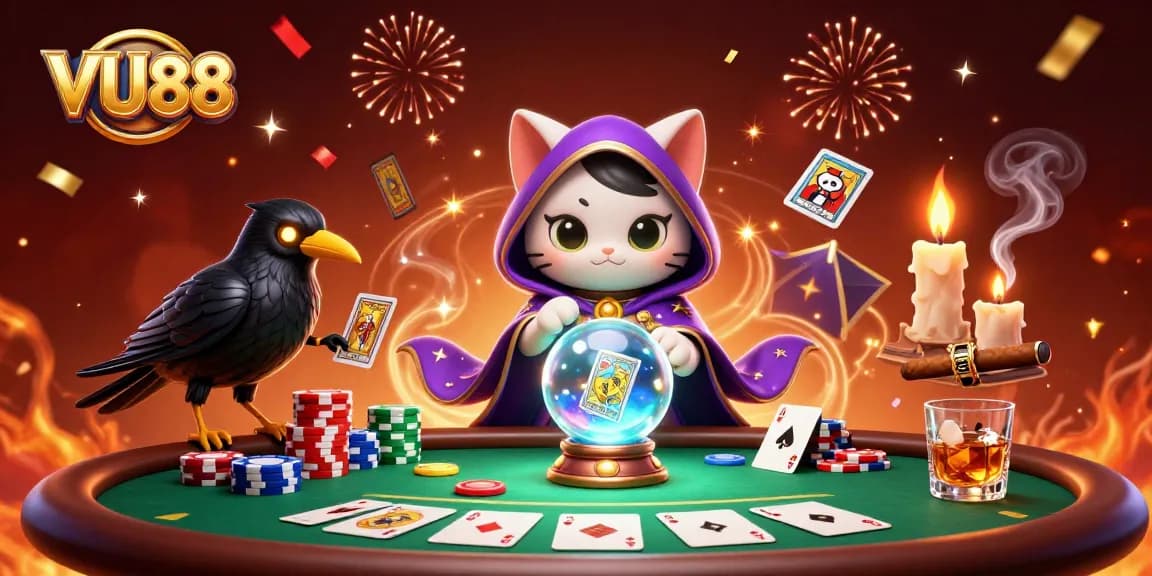 Engage in thrilling gaming at VU88 with an illustration of a mystical casino scene packed with action.