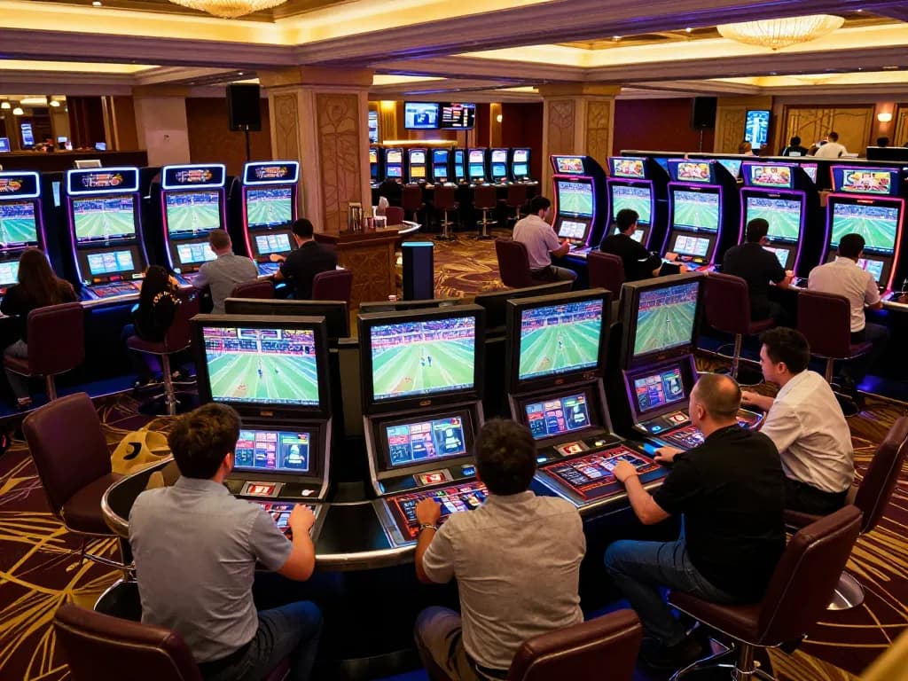 Players engaging in sports betting action at a lively casino featuring 777X monitors, with vibrant screens showcased