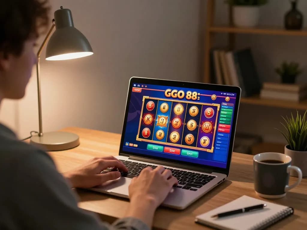 Exciting online gaming session on go 88, showcasing colorful slot game interface on a laptop.