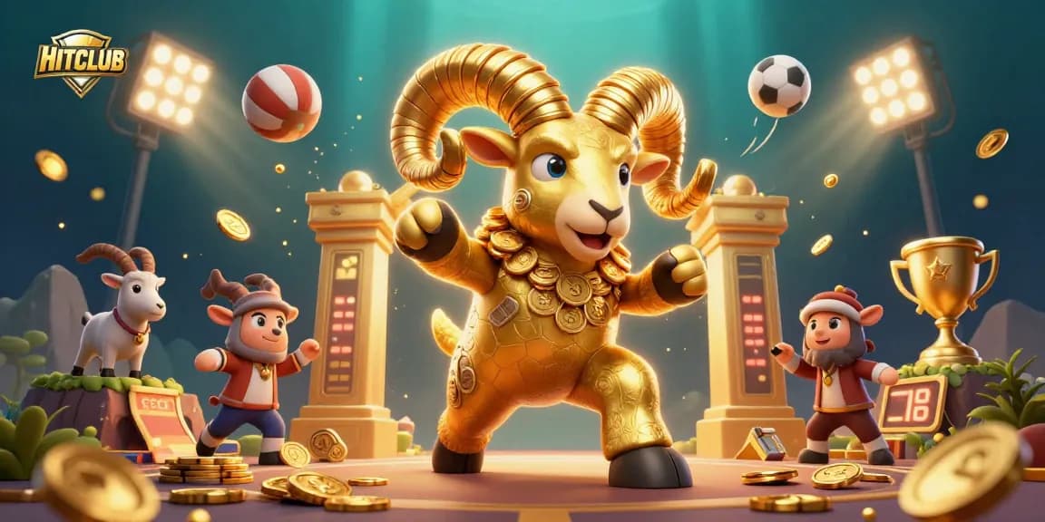 HITCLUB showcases a golden ram charging through a casino-themed scene filled with sports balls.