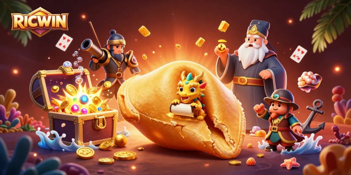 Experience RICWIN with dynamic gaming scenes featuring a golden fortune cookie and wise dragon.
