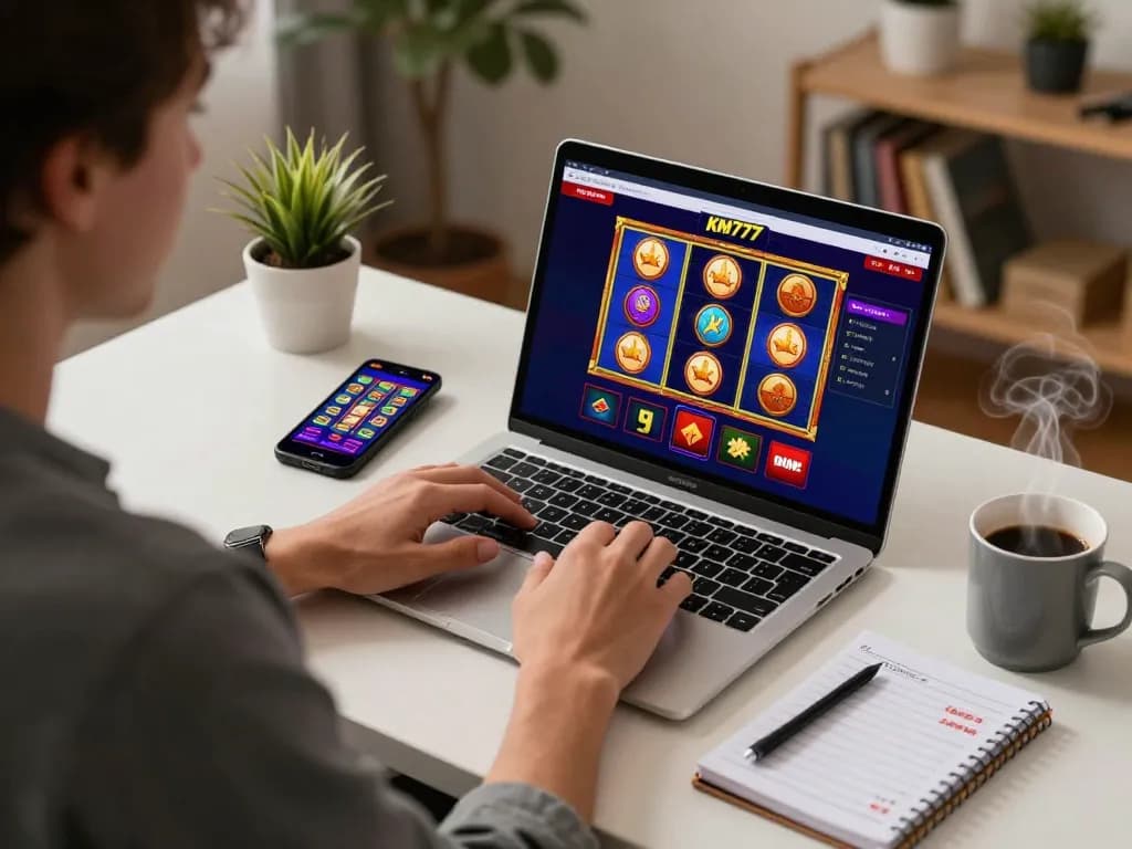Play exciting km777 games on a stylish home gaming setup showcasing vibrant online casino interfaces.