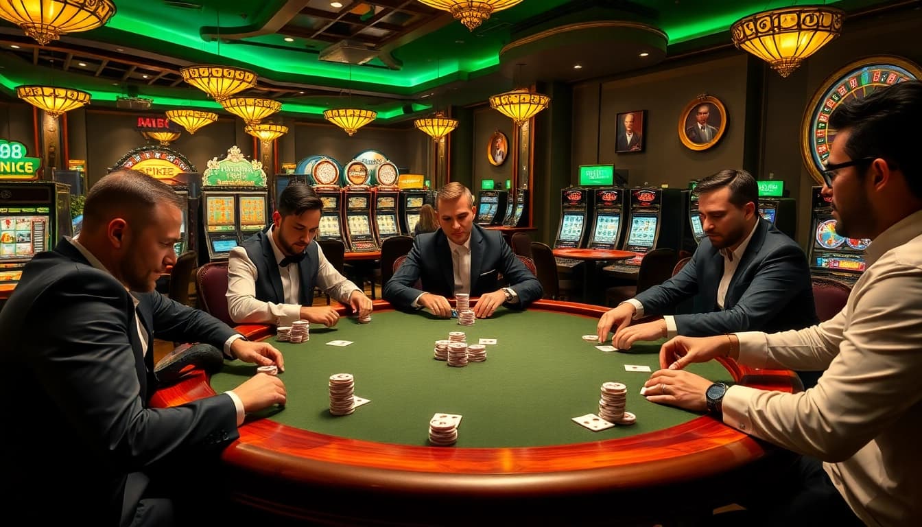 Experience the excitement of tg88 at a luxurious poker table with professional players engaged in high-stakes action.