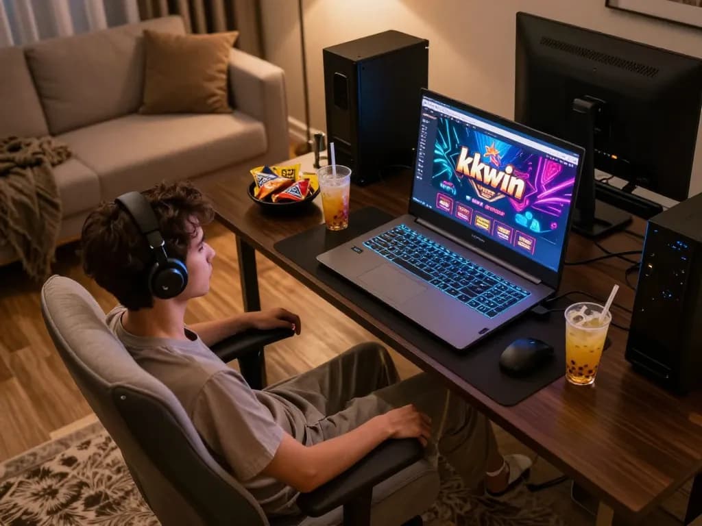 Engaging online gaming at kkwin casino with laptop display, vibrant atmosphere and responsible gaming
