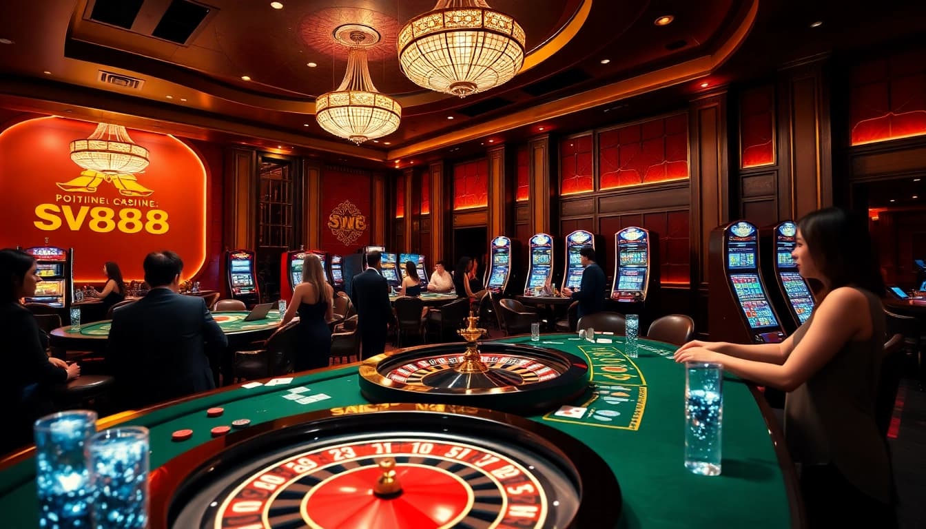 Exciting gambling at https://sv88s.pro with players at casino tables and bright slot machines.