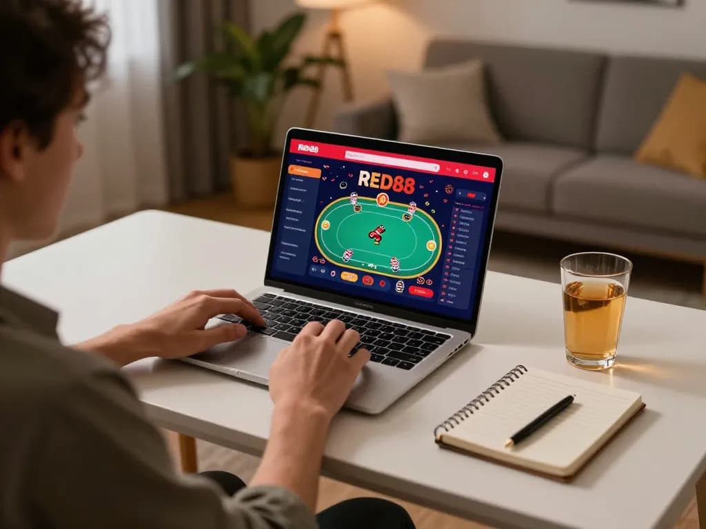 Engaging gameplay on the RED88 online casino app showing a poker hand with immersive home setting.