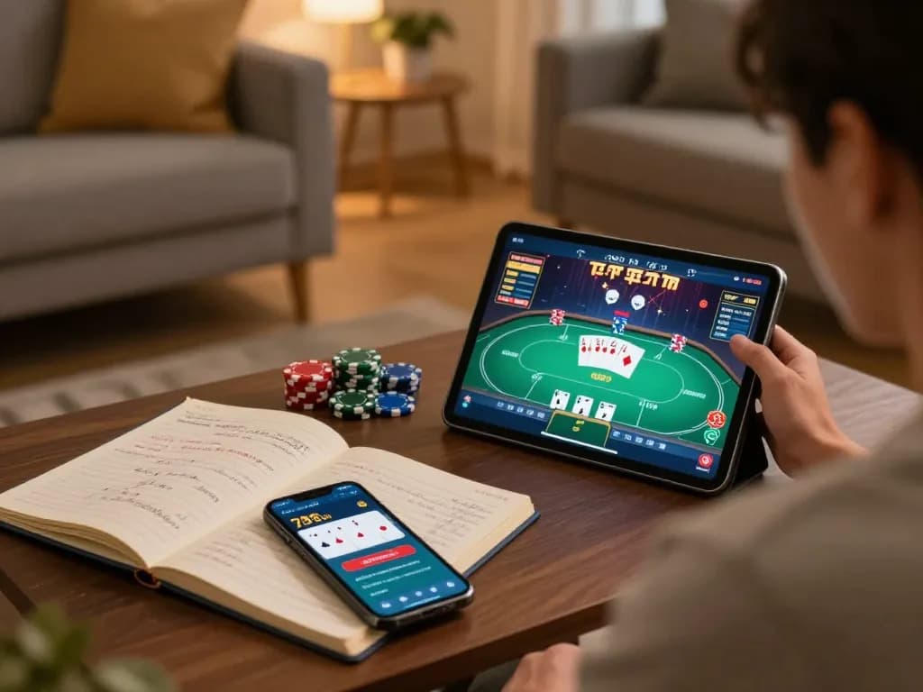 Person playing poker on tablet with 789club app in a cozy home environment, strategizing with notes.