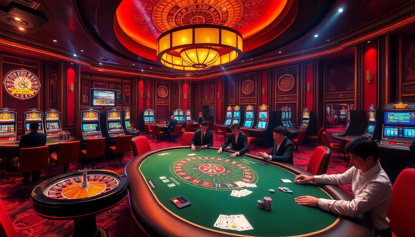 Experience excitement at ALO789's upscale casino with vibrant players and glowing games.