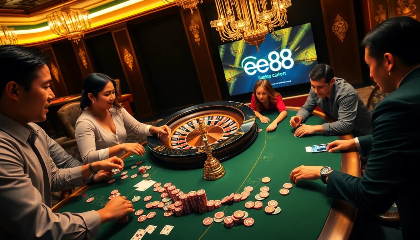Excited players engaging in an intense poker game at ee 88 casino.