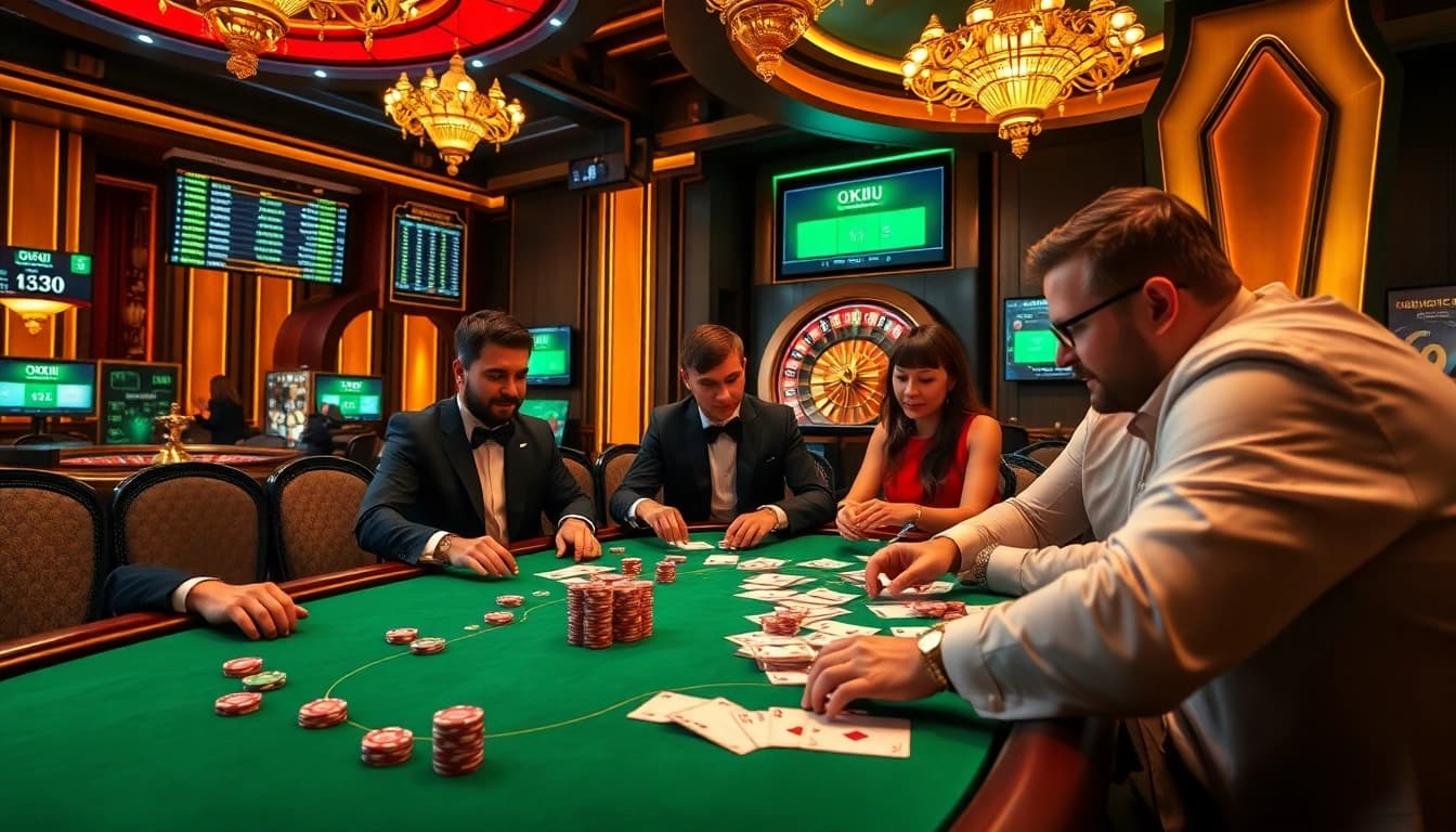 Exciting poker action at OKFUN Casino with colorful chips and cards in a luxurious setting.