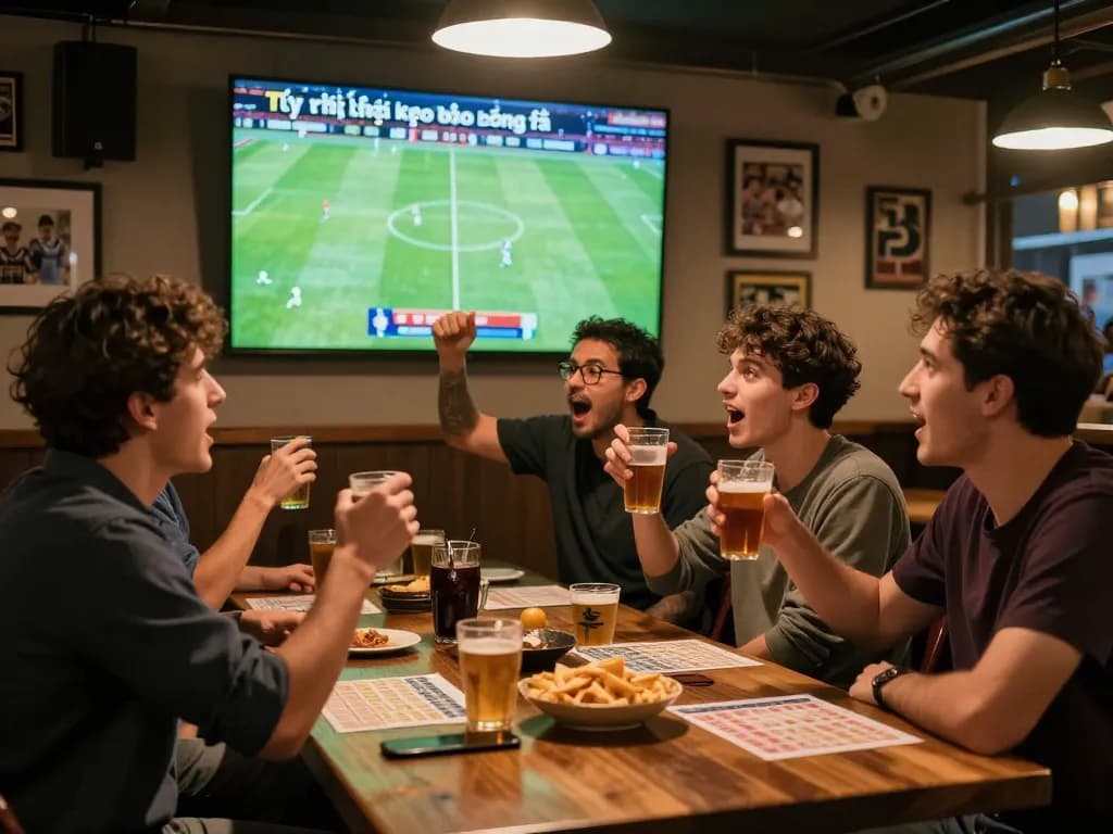 Excited friends discussing tỷ lệ kèo bóng đá while watching a soccer game in a lively pub.