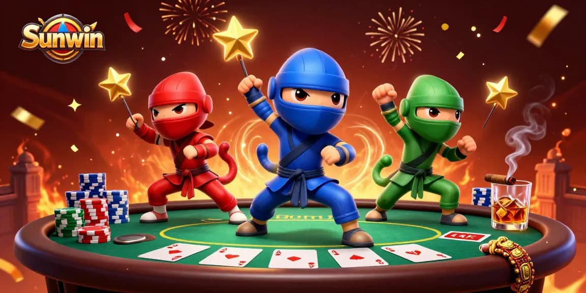 Sunwin showcases a vibrant 3D illustration of dynamic ninja characters in a lively poker scene.