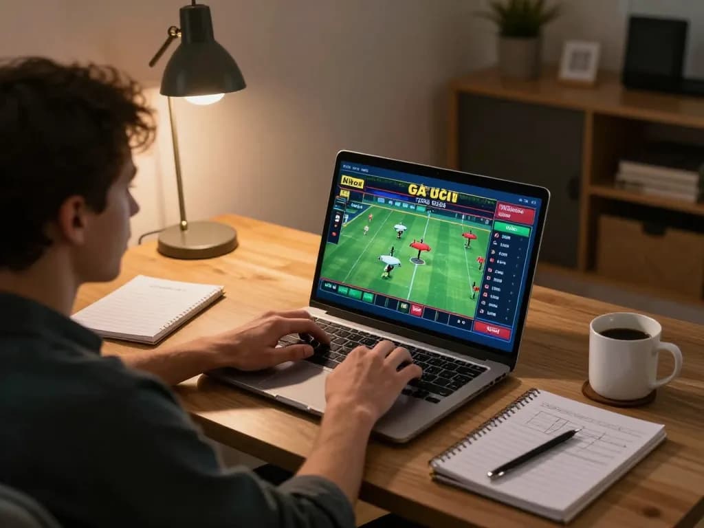 Tương tác với Phát sóng trực tiếp đá gà trên laptop trong khi đặt cược một cách sáng tạo trong văn phòng tại nhà thoải mái.