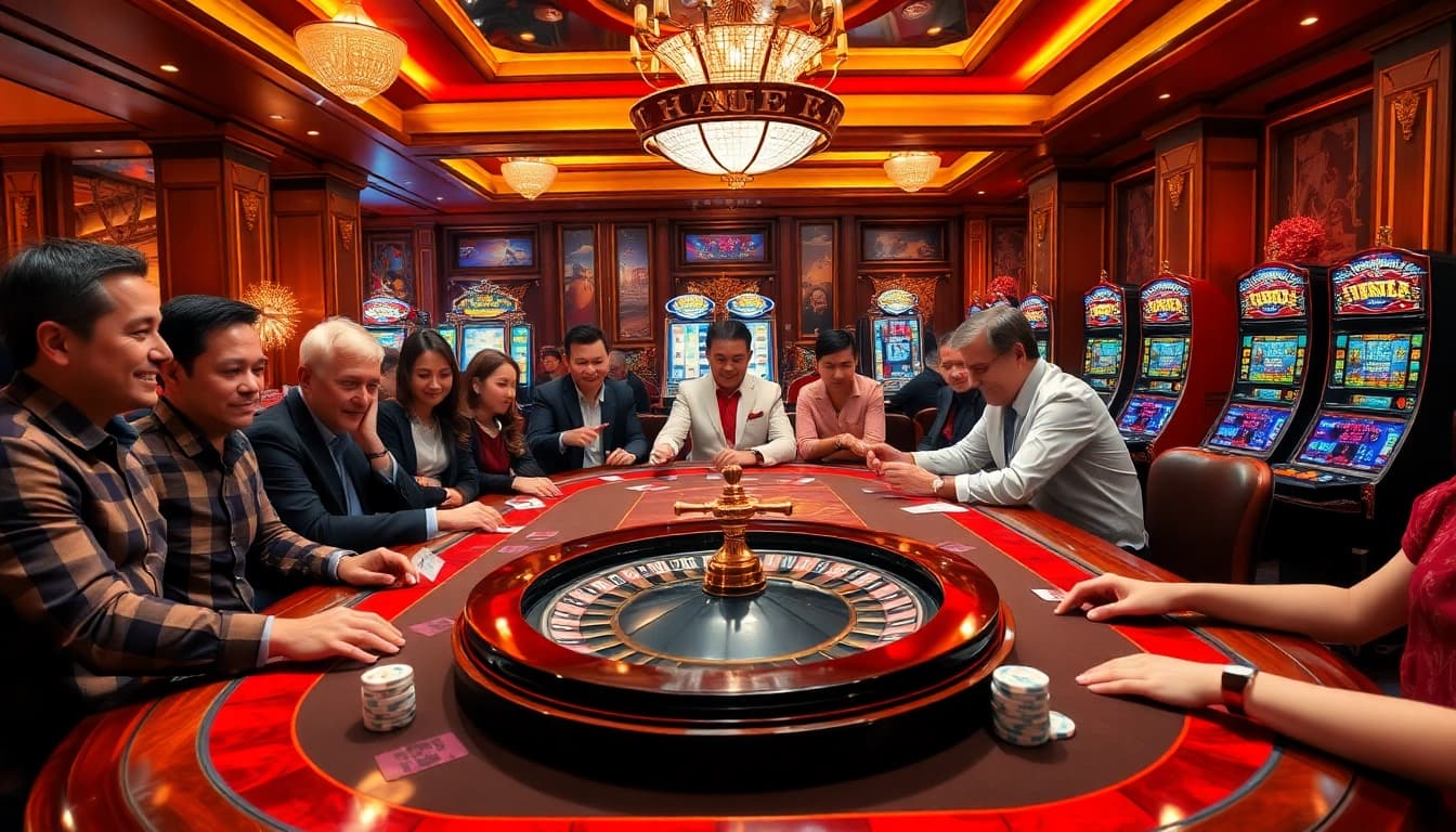 Hello88 players enjoying an exhilarating game at a luxurious casino poker table.