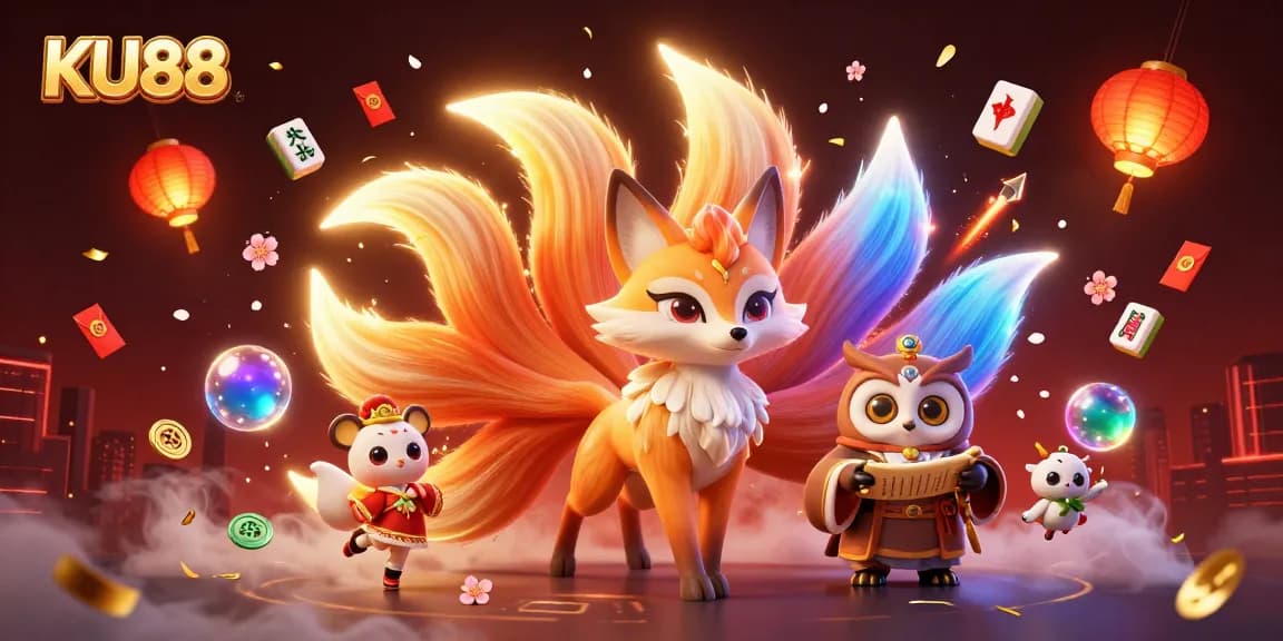 Engage with KU88's vibrant casino experience featuring a mystical fox spirit and colorful game elements.