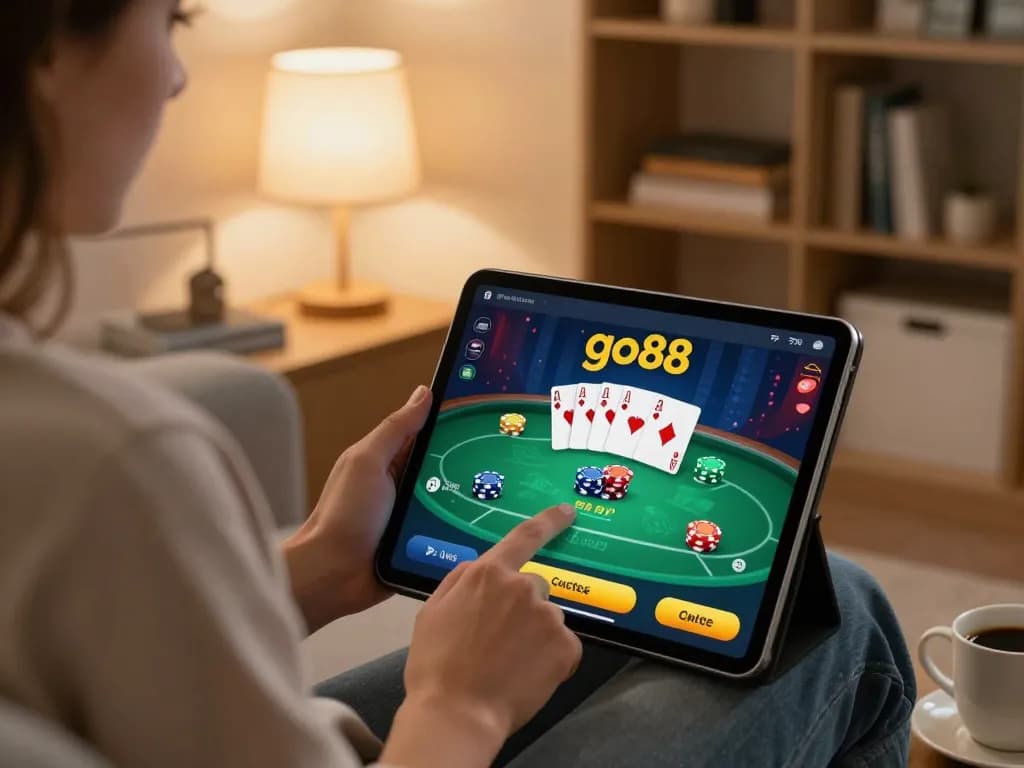 Play Go88 on your tablet while enjoying a relaxing evening at home, showcasing an engaging poker game.