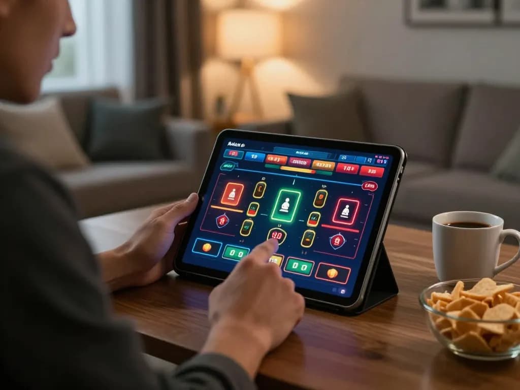 Player using 88vv casino app on tablet for engaging online gameplay in cozy setting.
