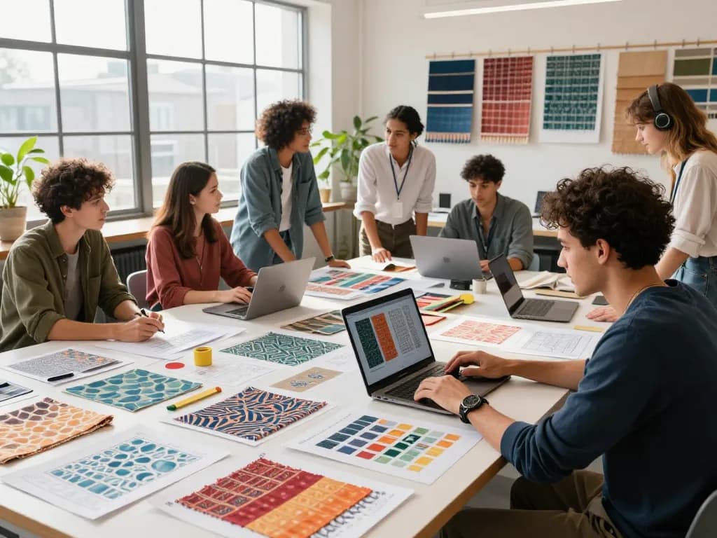 Sunwin team collaborating on innovative textile designs in a bright studio.
