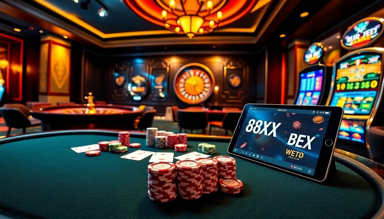 Experience the thrill of gambling with 88XX BET at a vibrant casino setting featuring tables, chips, and online betting.