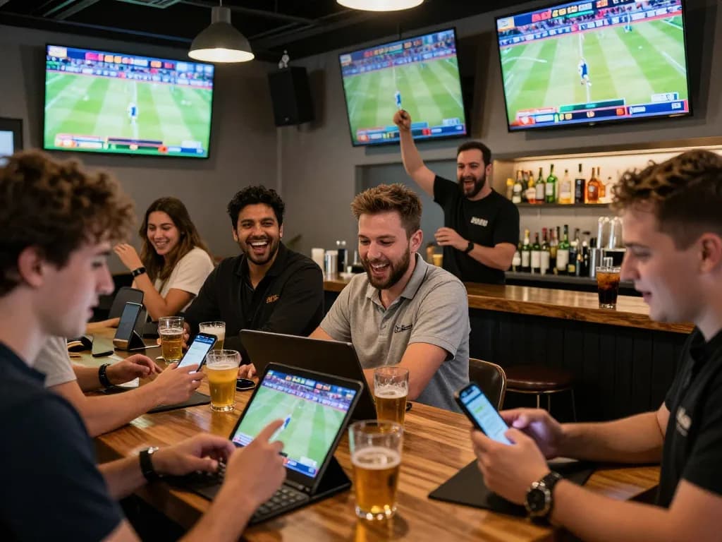 People placing bets on sports events at a lively bar featuring 79 KING excitement.