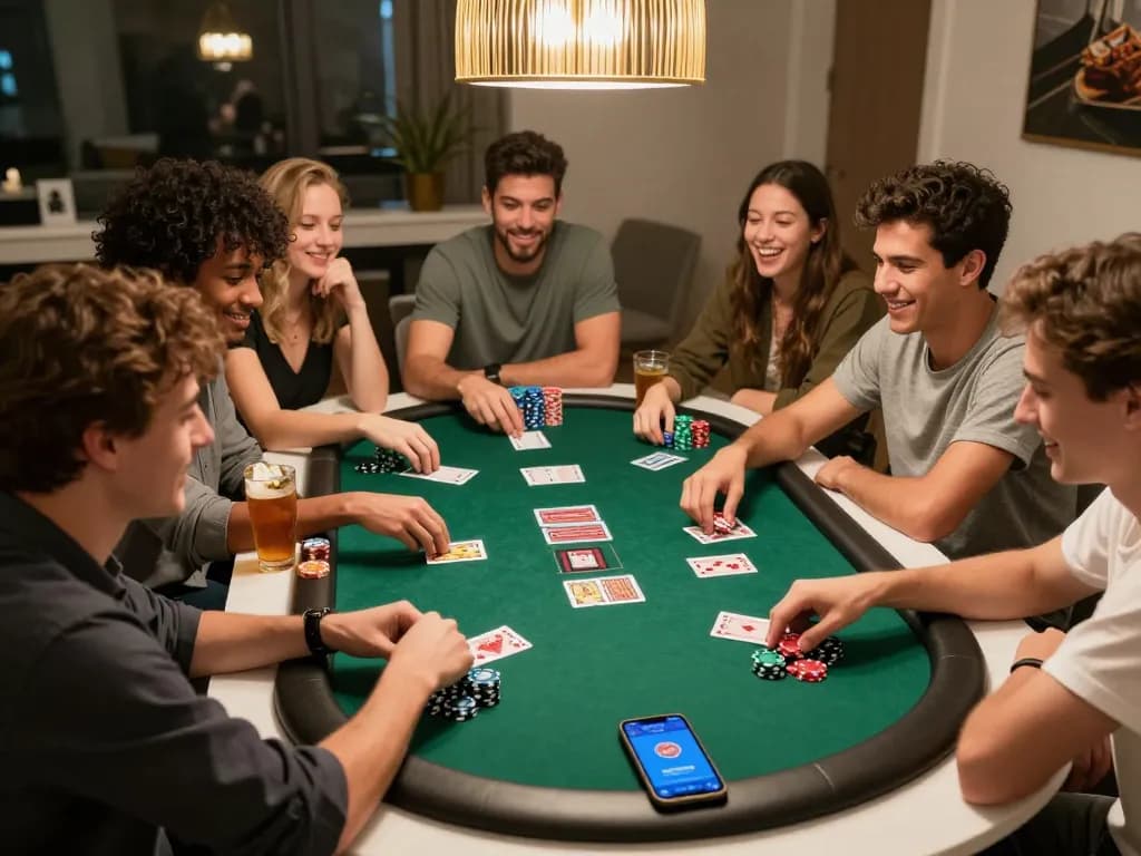 Engaged group enjoying a competitive game of poker while using the lc88 app, set in a warm and inviting atmosphere.