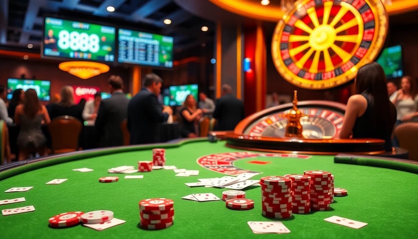 Engaged players at a countertop table with vibrant colors showcasing the excitement of 888VND casino games.