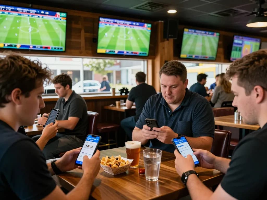 Betting on NOWGOAL scores in a lively sports bar with multiple screens and engaged patrons.