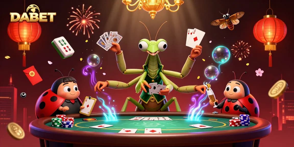 DABET provides an engaging scene of a giant praying mantis card sharp dealing poker while celebrating with festive elements.