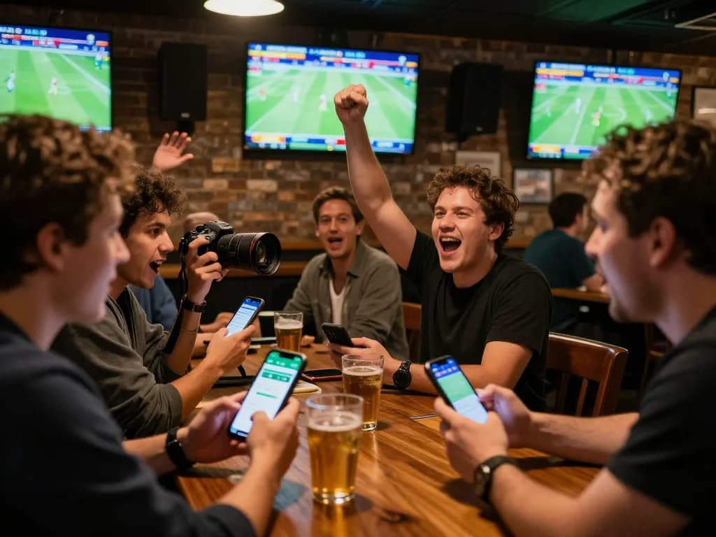 Bongdalu app users enthusiastically placing sports bets while watching live matches in a lively bar setting