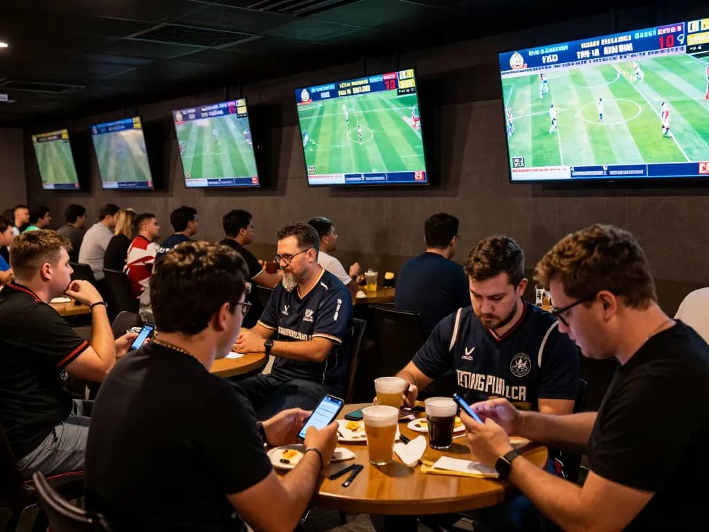 Engaged bettors analyzing tỷ lệ kèo nhà cái while placing wagers at an energetic sports betting venue