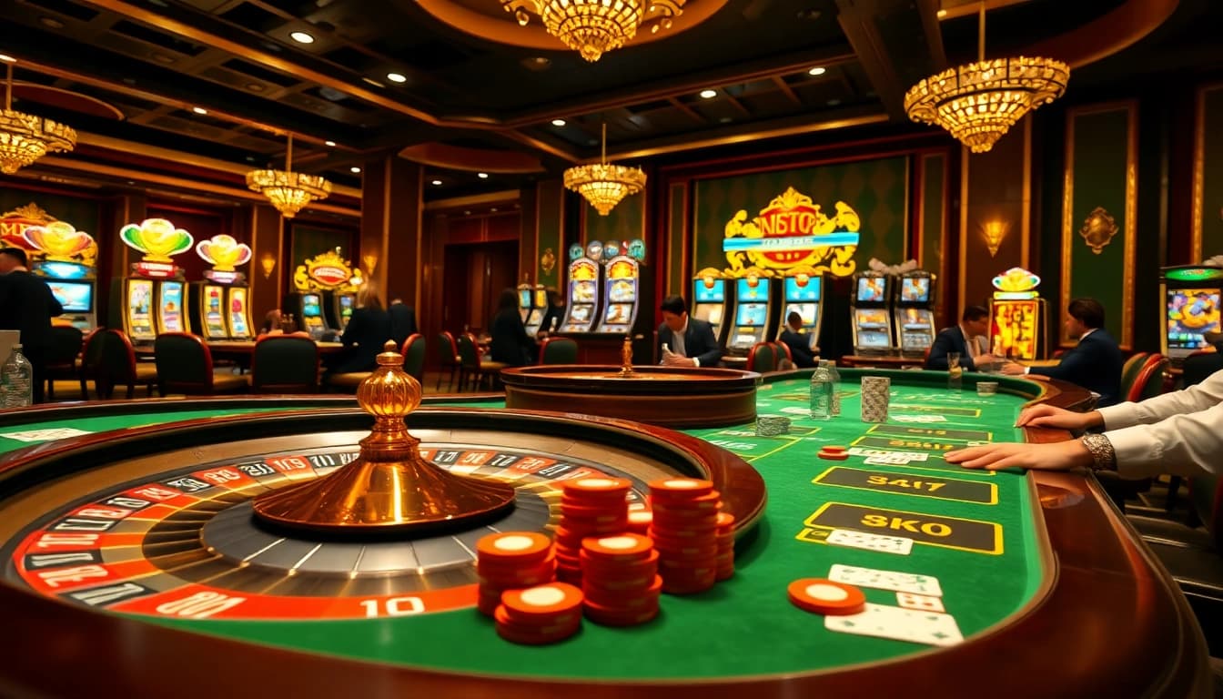 Experience thrilling dh88 gaming action at a luxurious casino table filled with poker chips and cards.
