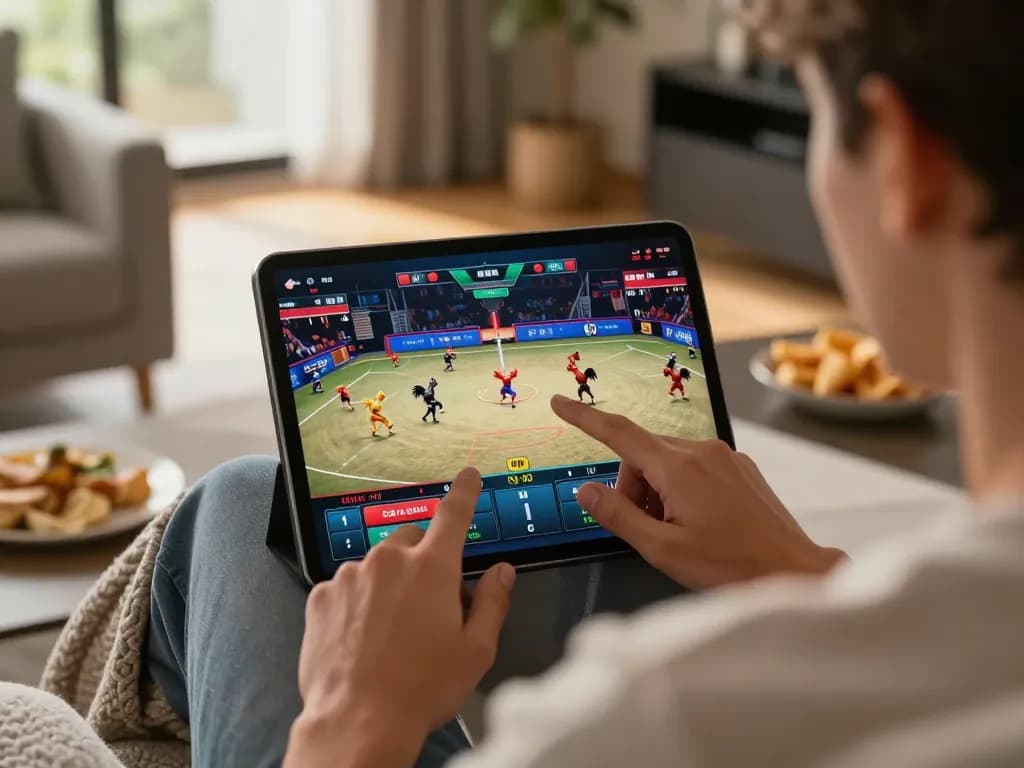 Khán giả đang xem các trận xế đá gà trực tiếp HD trên máy tính bảng với những hành động đầy kịch tính.