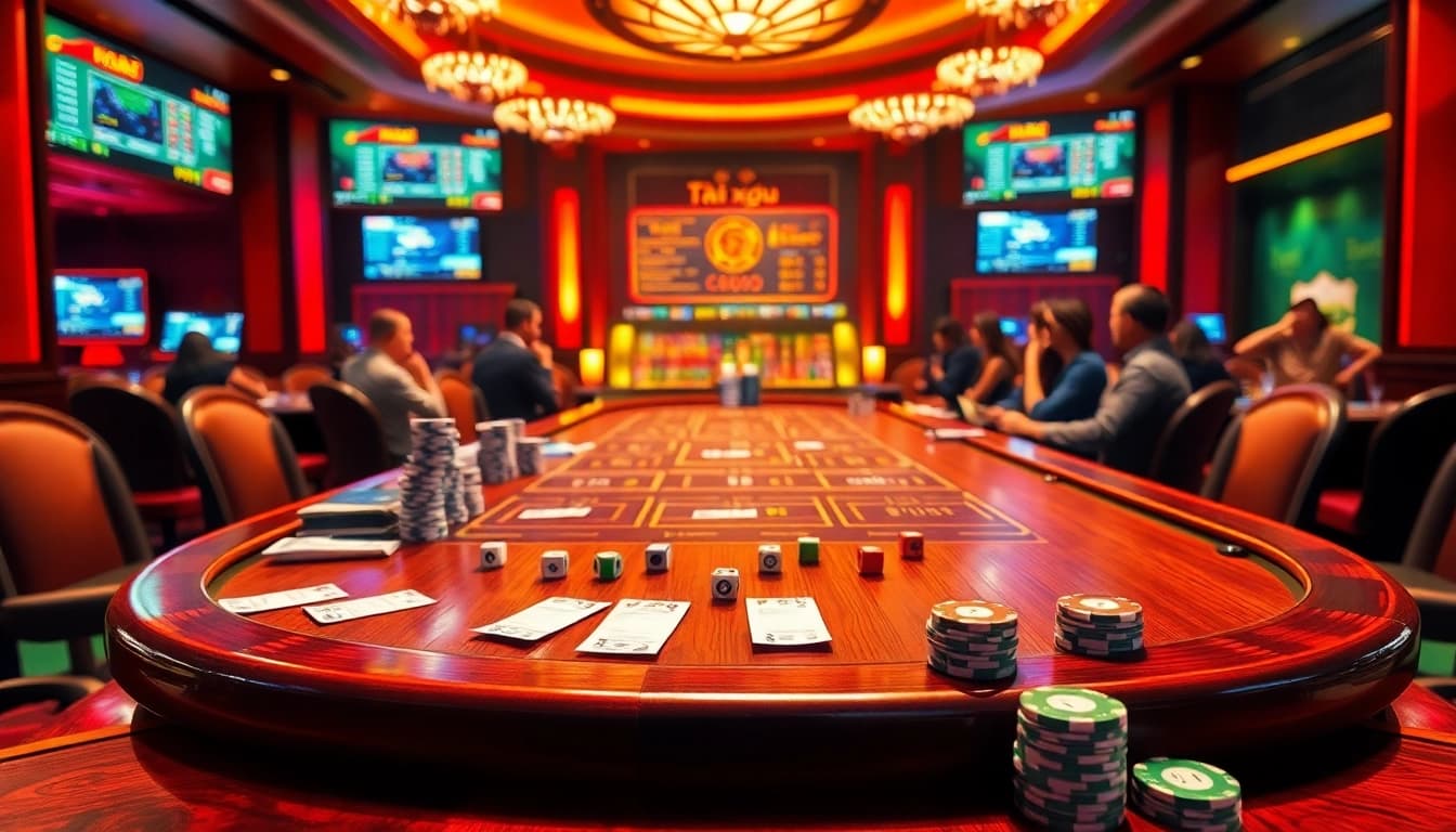 Tài xỉu MD5 being played at a luxurious casino table with vibrant lighting and excited players.