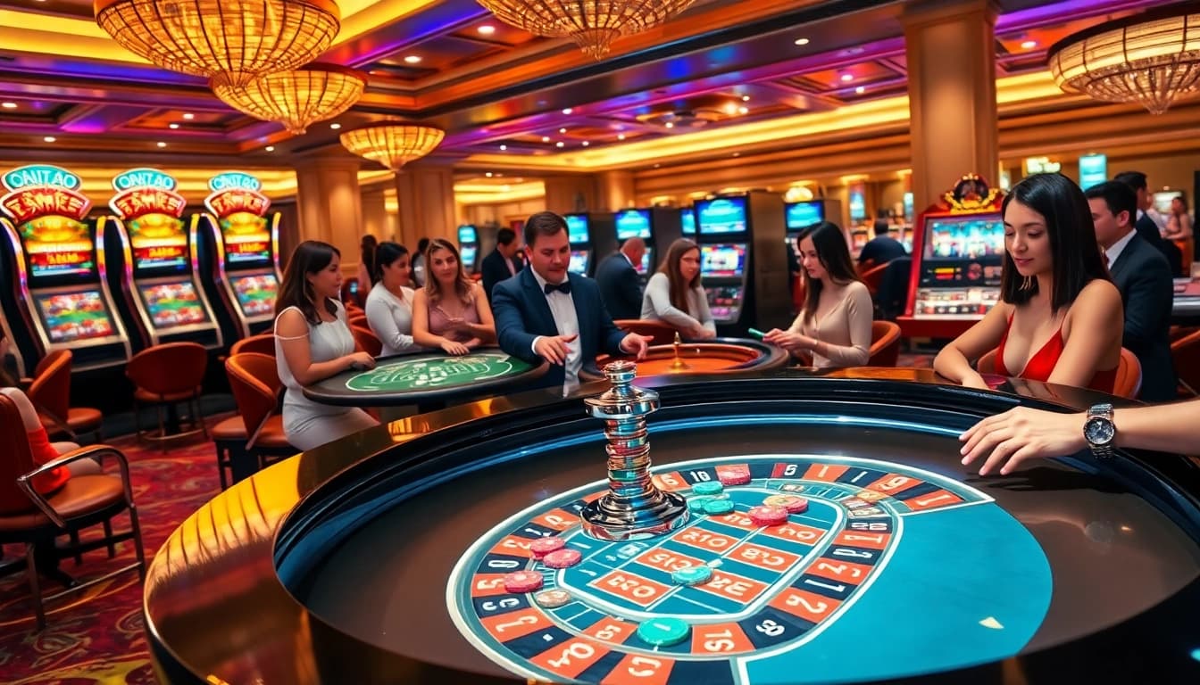 Players engaging at a roulette table in a luxury casino, reflecting the energy of nohu90.com.