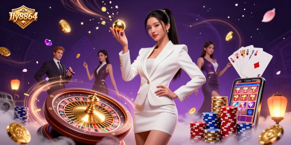 Experience the thrill of fly8864 with vibrant casino elements in a stunning 3D digital illustration.