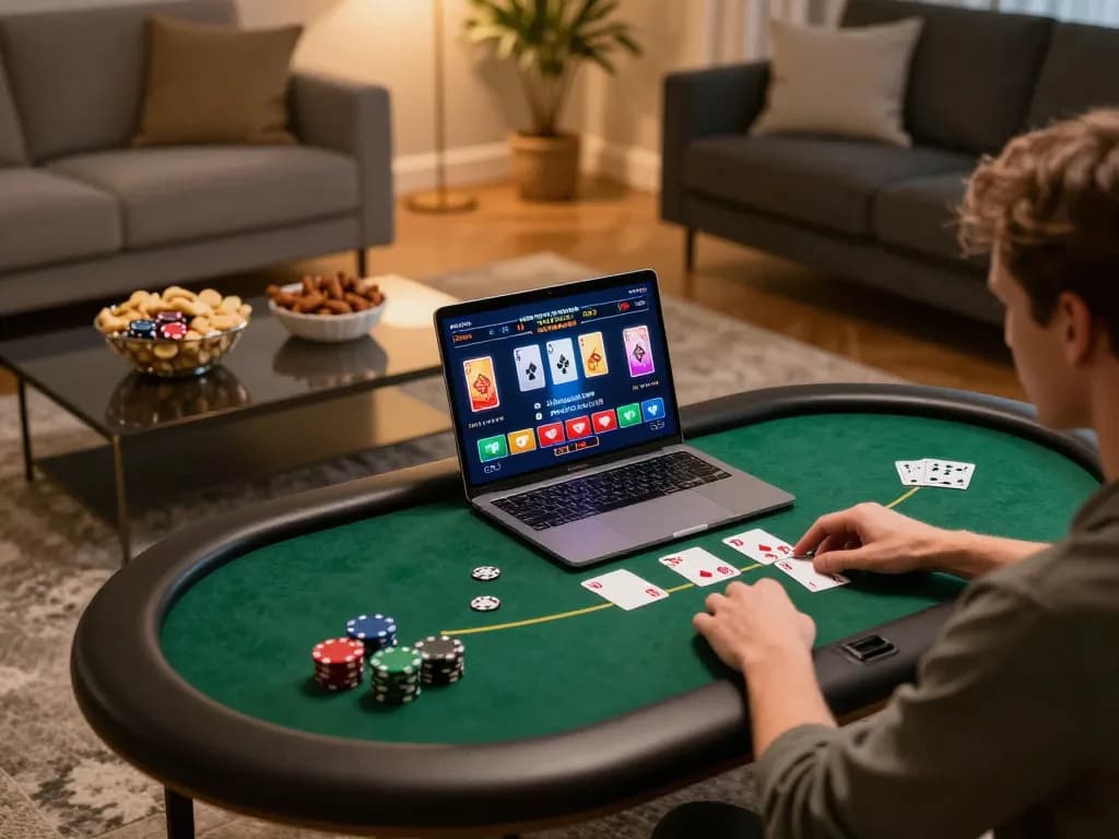 Usbet online poker game interface displayed on a laptop during a cozy home gaming night