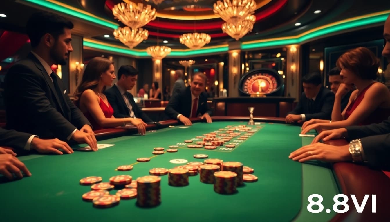 Exciting poker action at 888VI casino with colorful chips and cards
