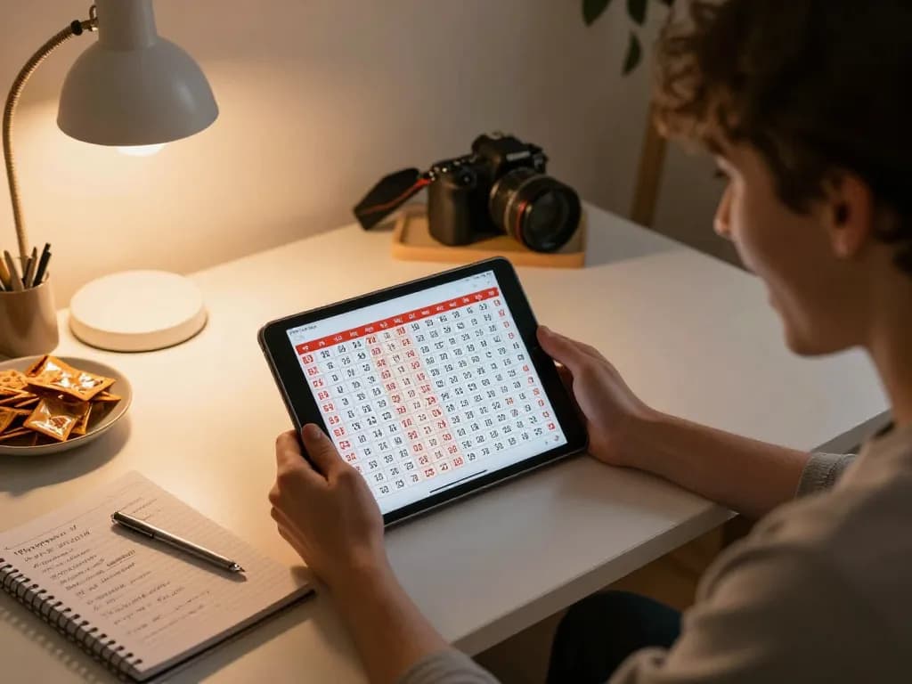 Engaged player analyzing 11 bet xổ số numbers on tablet in a cozy home setting.
