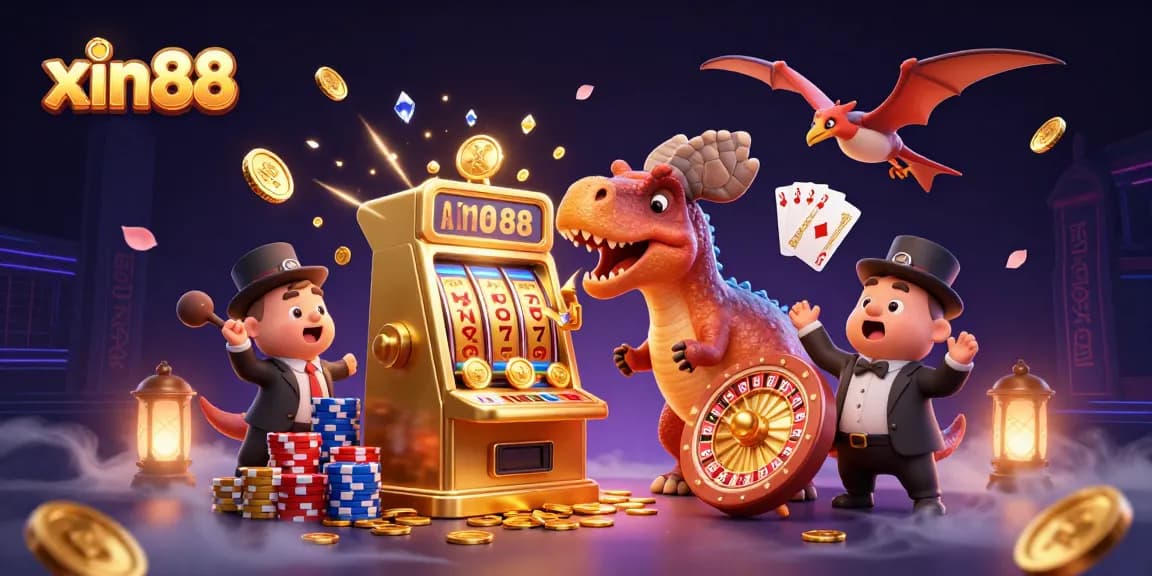 Experience the excitement of xin88 with a cartoon pachycephalosaurus hitting a slot machine for a jackpot!