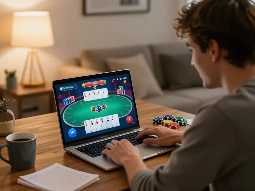 Enjoying poker action at home with jun 88 gaming interface visible on screen