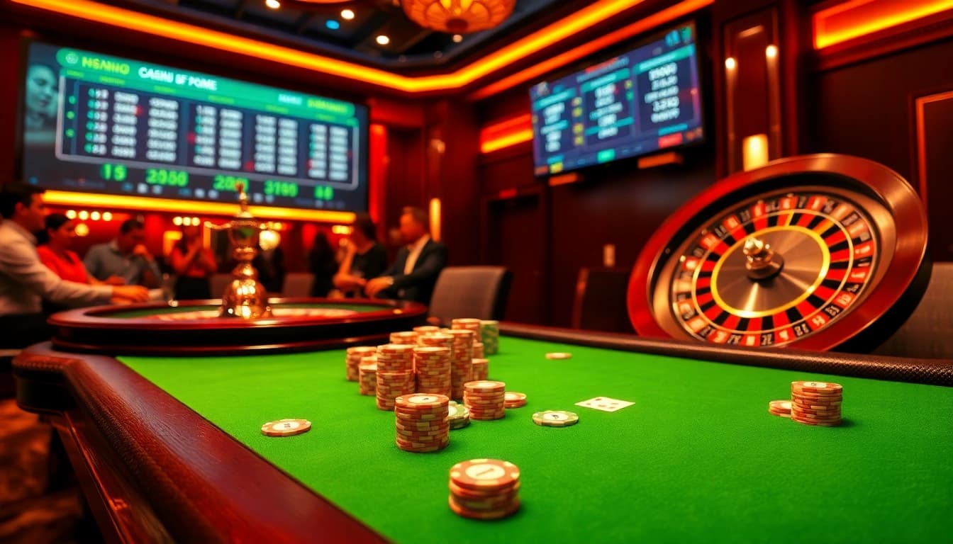 Tỷ lệ kèo nhà cái showcased in a vibrant casino environment with a poker table and roulette wheel.