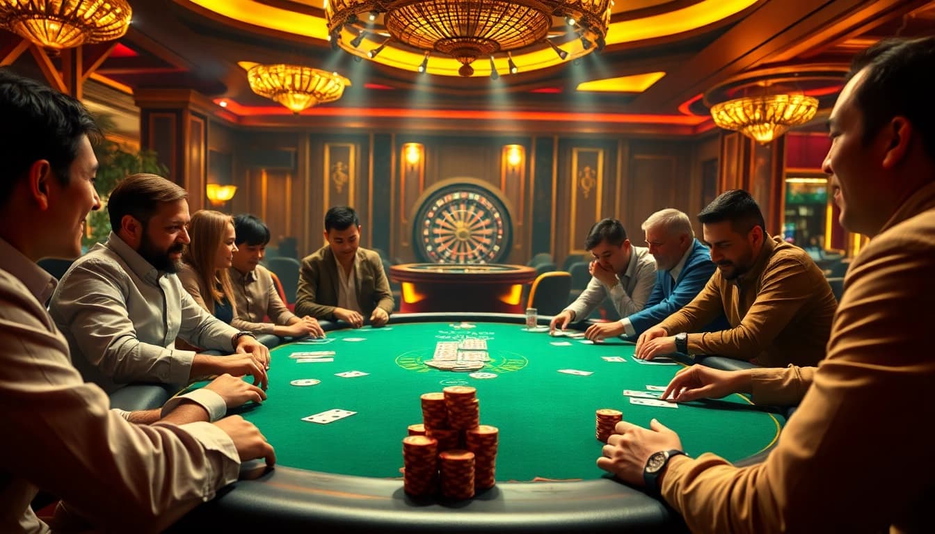 Nạp tiền Sunwin at a vibrant poker table with colorful chips and enthusiastic players.