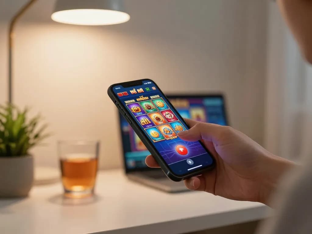 Nổ hũ gameplay on a smartphone, showing a player engaged in dynamic online slot gaming at home.