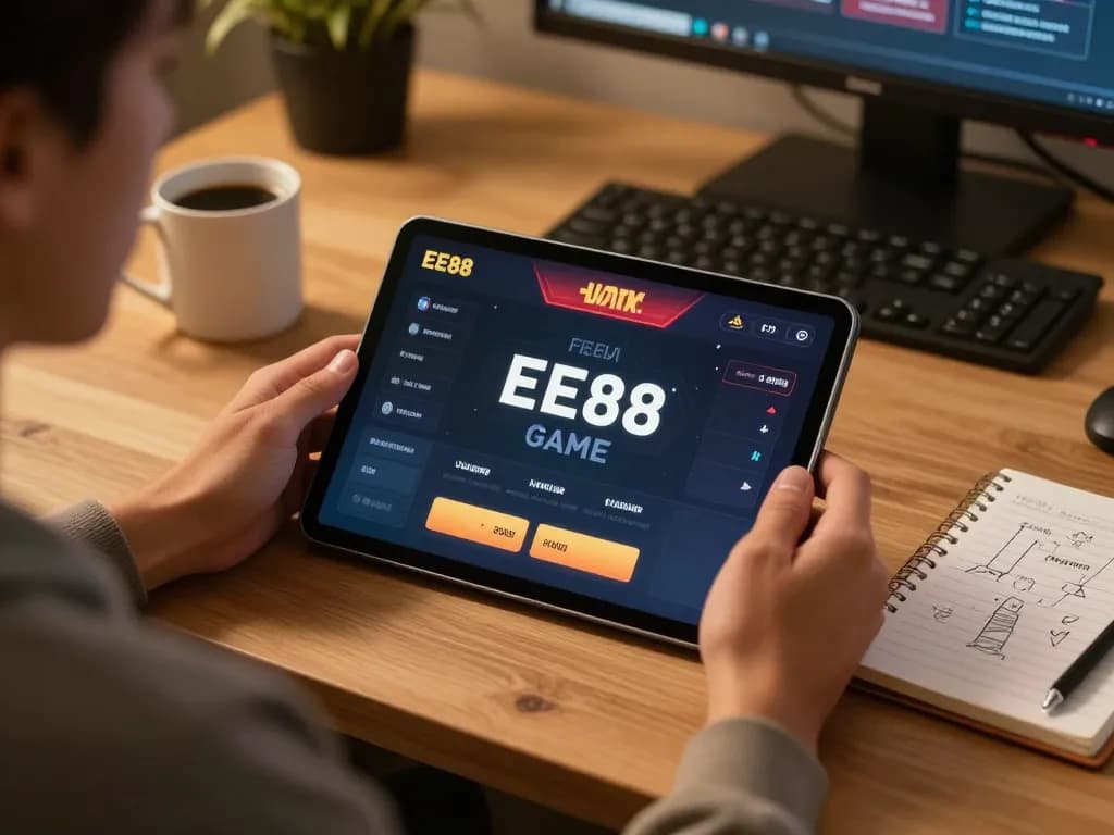 Engaging gameplay of EE88 GAME displayed on a tablet in a cozy, ambient home office setting.