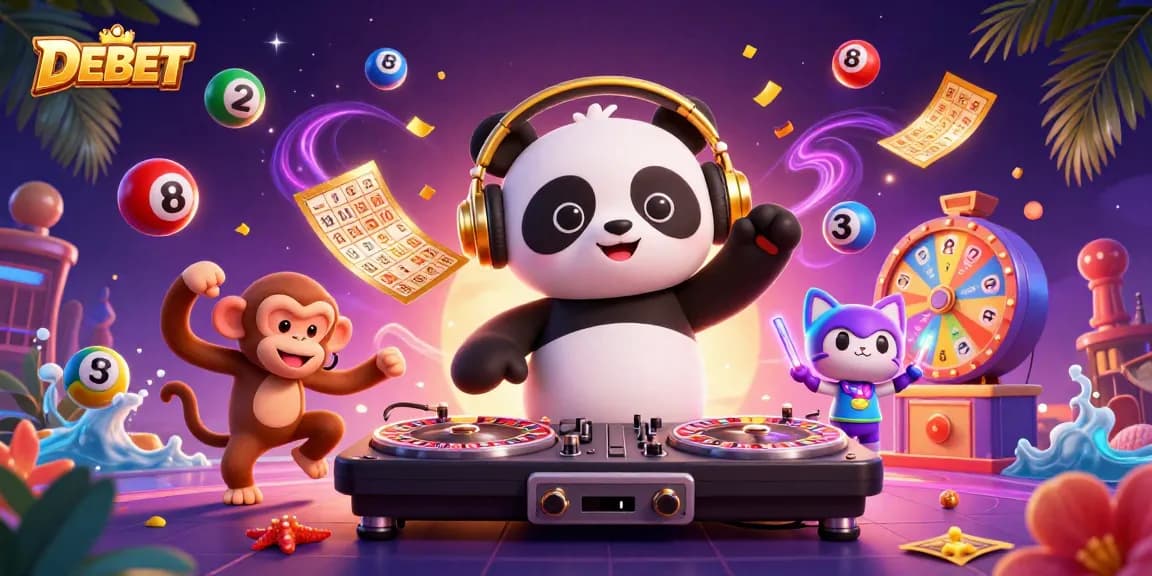 Engaging DEBET casino scene with DJ panda, dancing monkey, and glowing kitten amidst lottery elements.